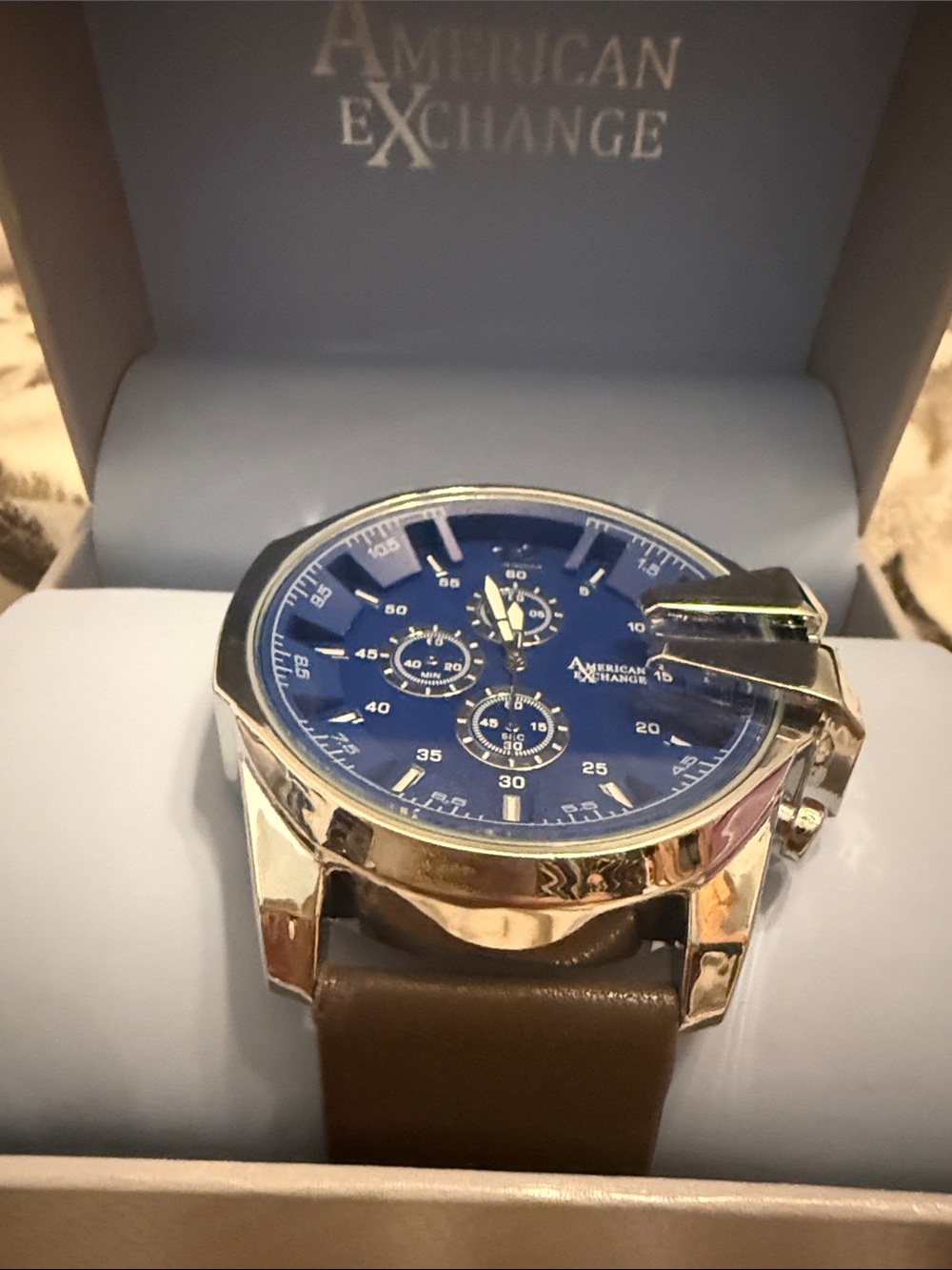 American Exchange Blue Dial Watch with Brown Leather Strap